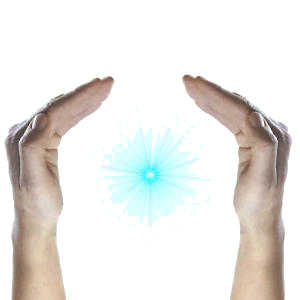 un par de manos sosteniendo una luz azul con un fondo blanco que simboliza una molécula de gas de oxígeno médicinal